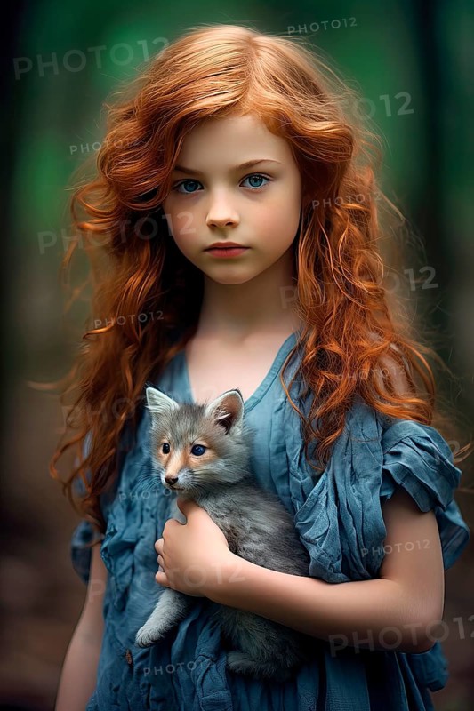 Pretty young girl with long red hair and a blue dress holding a red fox pet in her arms
