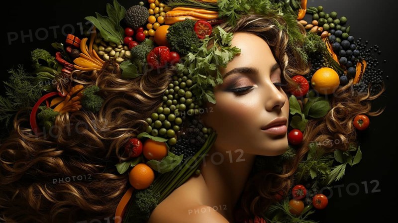 Headshot portrait of healthy woman surrounded by and partially made of fruits and vegetables