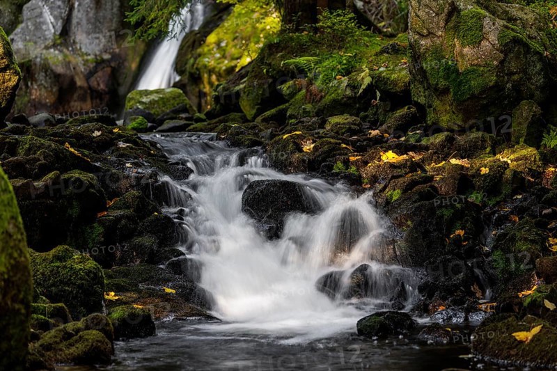 Waterfall in autumn forest with rocks