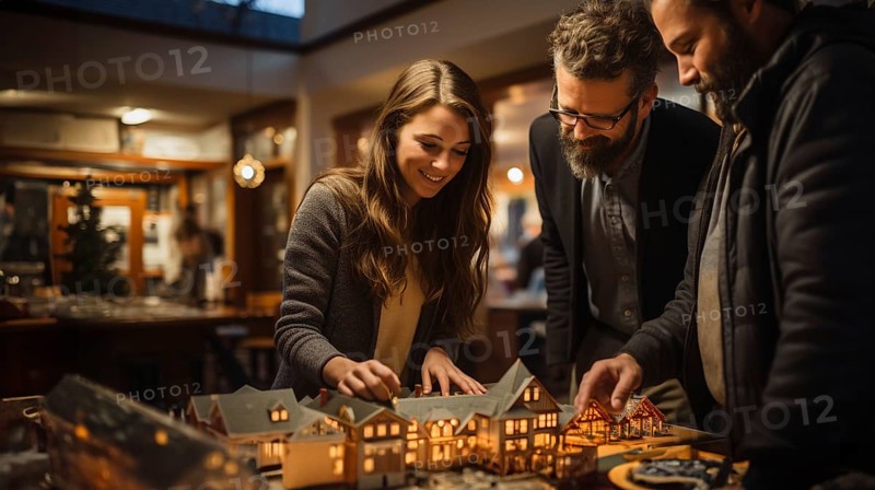 Real estate agent discussing with a young adult couple A new housing development model on the table in front of them. generative AI