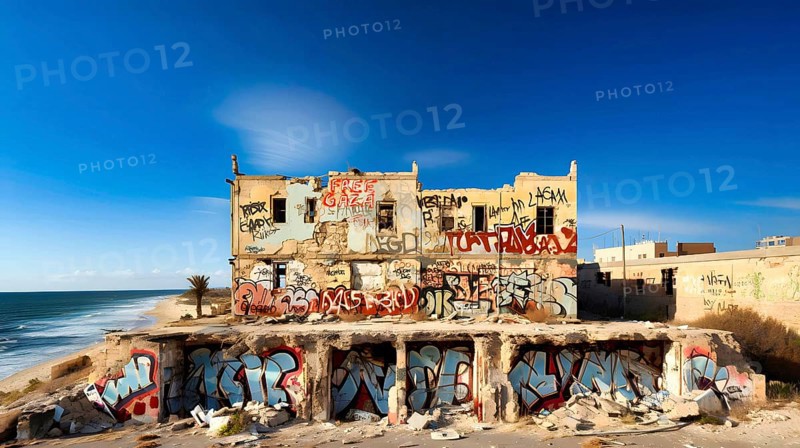 On the wall of a shot-up house on a beach