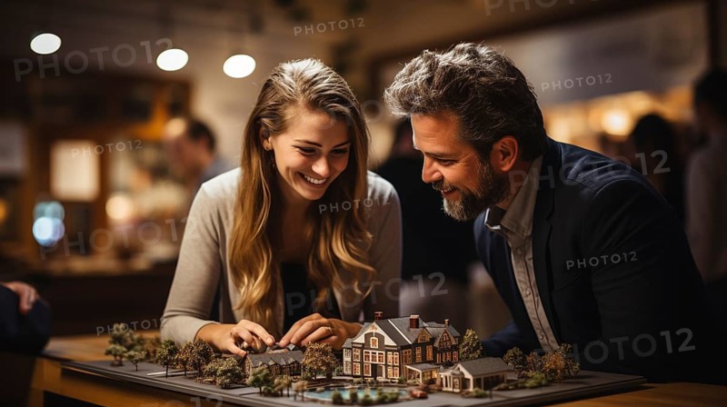 Young adult couple discussing A new housing development model on the table in front of them. generative AI