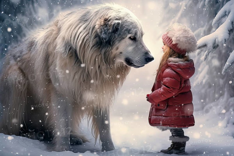 Three years old little girl wearing winter coat standing near a huge Russian Wolfhound in a snowy forest environment with the dog looking down at the girl
