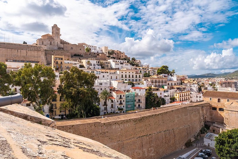 View of the cathedral of Santa Maria de la Neu from the castle wall of Ibiza