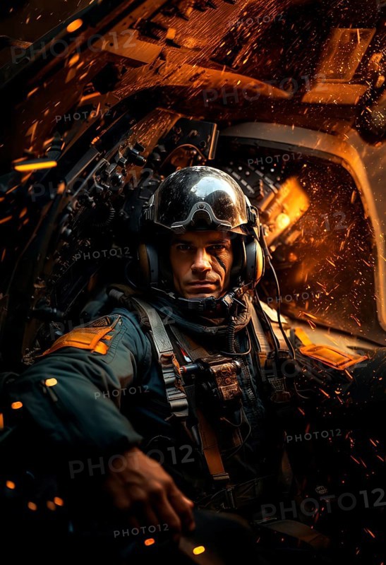 A fighter pilot in full gear sits in his galactic fighter plane and flies towards the enemy