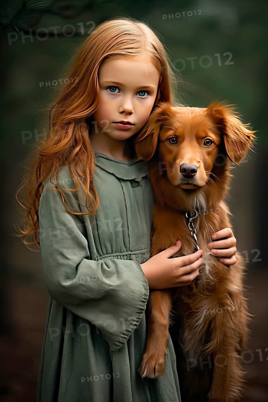 Pretty eight years old girl with red hair and green dress holding a red Golden retriever pup in her arms
