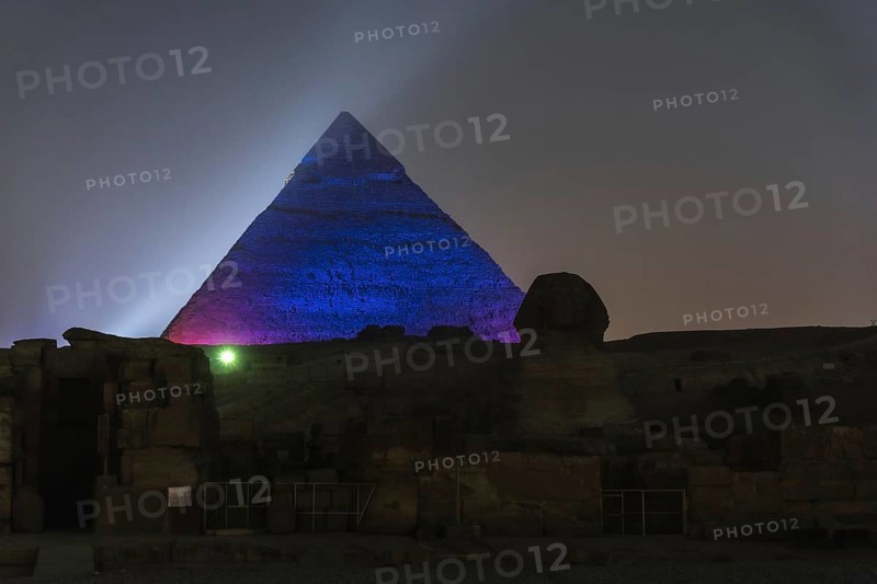Sound and light show at the beautiful pyramids and sphinx of Giza. Night in the city of Cairo. Africa