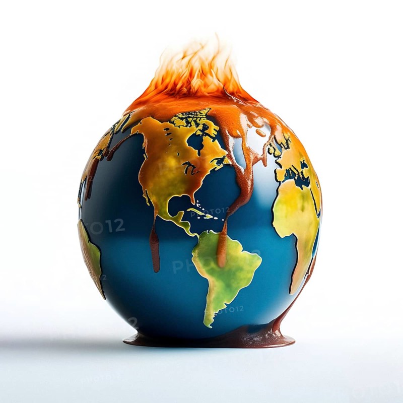 Illustration of a globe melting due to global warming over white background