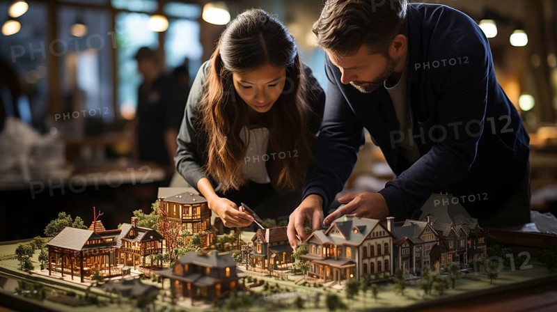 Architects working together assembling A small scale model housing developement on the table. generative AI