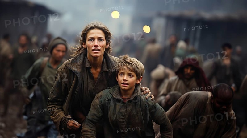 Frightened mother and young child son running in the streets of their war ravaged city. generative AI