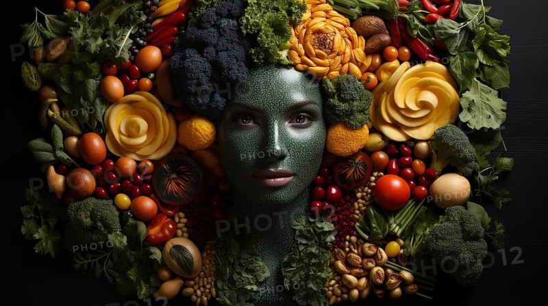 Headshot portrait of healthy woman surrounded by and partially made of fruits and vegetables