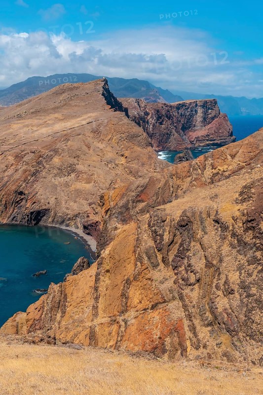 Landscape of the rock formations in the Ponta de Sao Lourenco and the sea