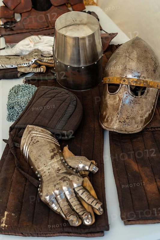 Medieval armor of an original knight in the castle of Fougeres. Brittany region