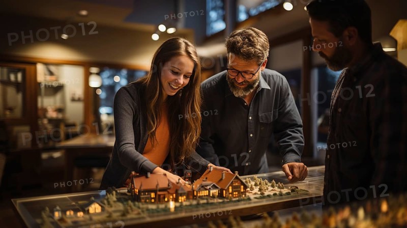 Real estate agent discussing with a young adult couple A new housing development model on the table in front of them. generative AI