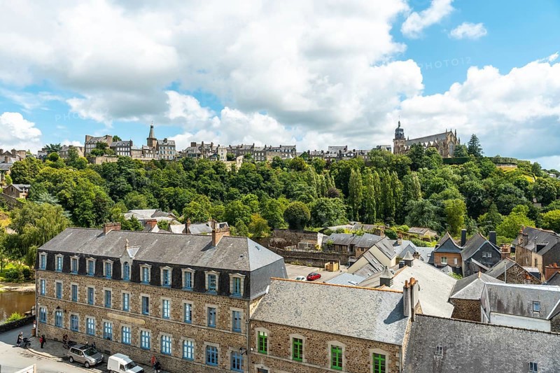 Interior of the castle of Fougeres and the city in the background. Brittany region