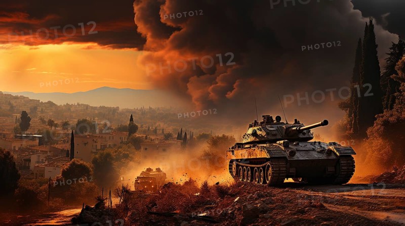 Armored tank speeding down the dirt road amidst exlosions in the distance during war. generative AI