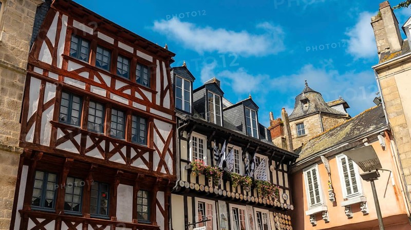 Traditional wooden houses of the medieval town of Quimper in the department of Finisterre. French Brittany