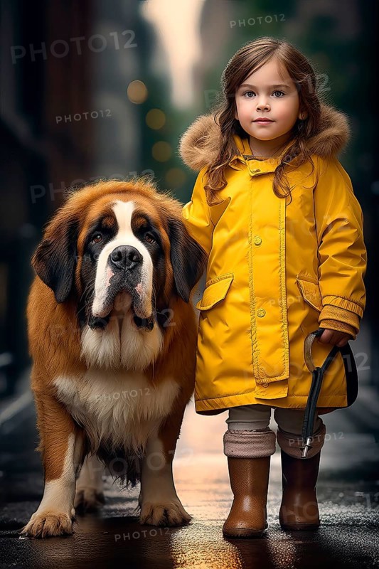 Eight years old girl wearing a yellow raincoat and hat walking in a street side by side with a huge Saint Bernadin dog
