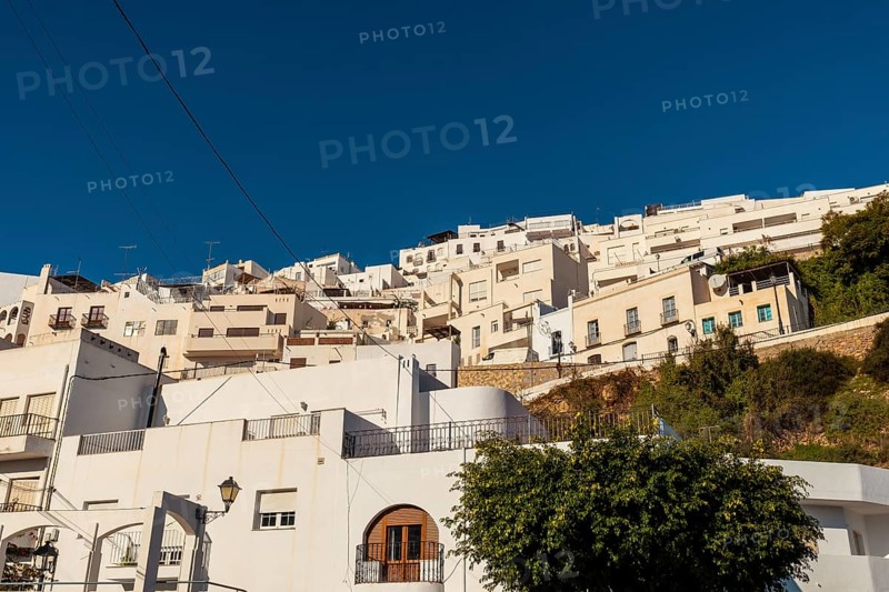 Detail of the Mojacar house of white houses on the top of the mountain. Costa Blanca in the Mediterranean Sea