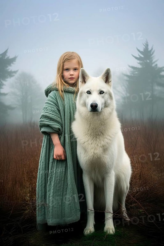 Pretty six years old girl with a green dress standing near a huge Swiss White Shepherd dog sitting in an autumnal foggy forest