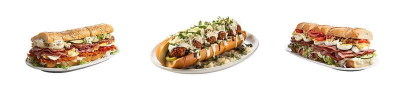 Set of delicisous stuffed sub style sandwiches isolated on a white background. generative AI