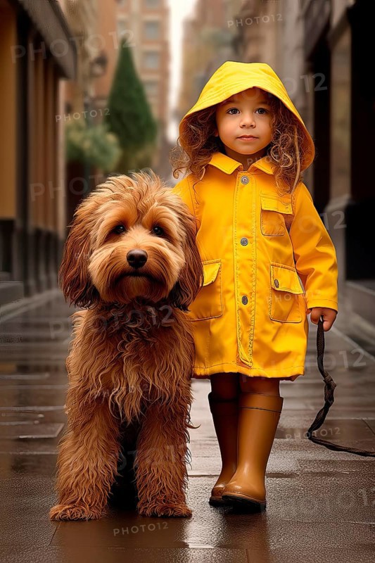 Pretty three years old girl wearing a yellow raincoat walking with a Labradoodle in an urban environment