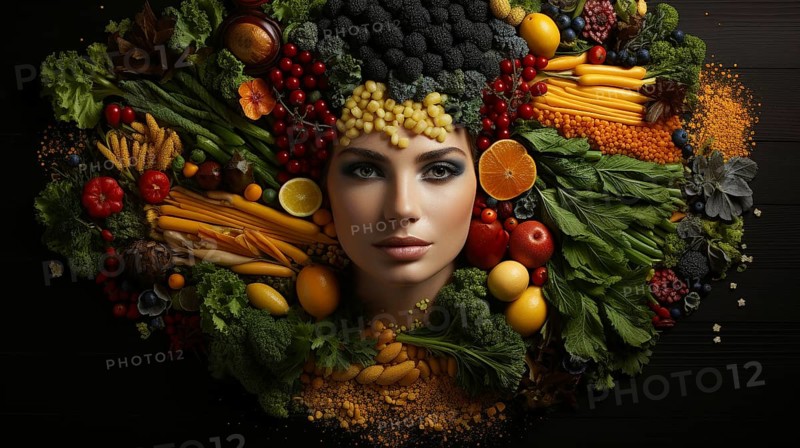 Headshot portrait of healthy woman surrounded by and partially made of fruits and vegetables