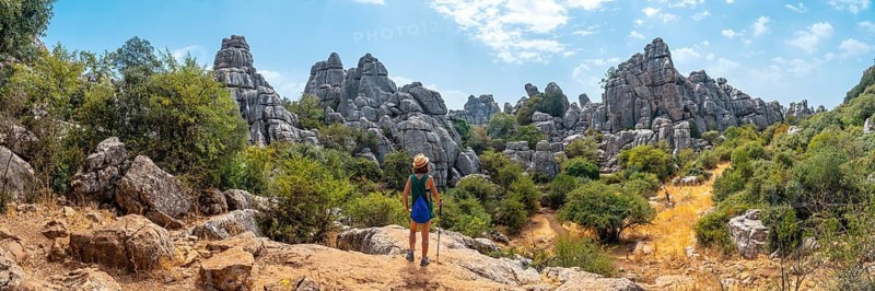 Panoramic of stones with beautiful shapes in the Torcal de Antequera on the green trail