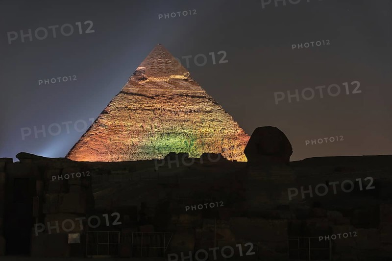 Sound and light show at the beautiful pyramids and sphinx of Giza. Night in the city of Cairo. Africa