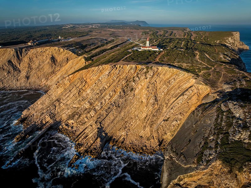 Aerial drone view of lighthouse on Cabo Espichel cape Espichel on Atlantic ocean