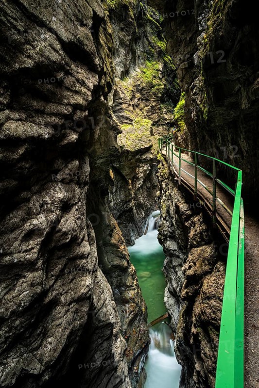 The Breitachklamm gorge with the Breitach river in autumn at a narrow point. High rock walls on both sides