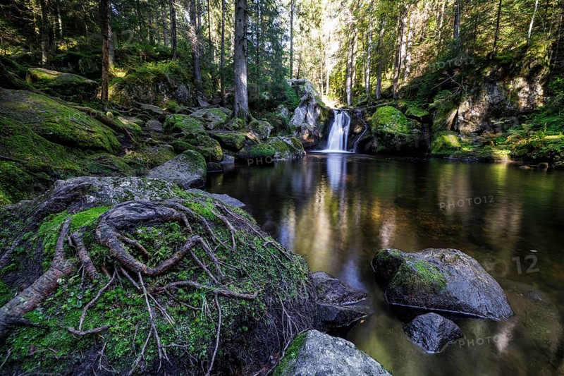 Waterfall in autumn forest with rocks