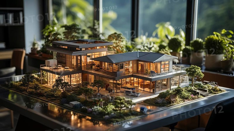 Small scale model of a contemporary house design on the table in A real estate office. generative AI