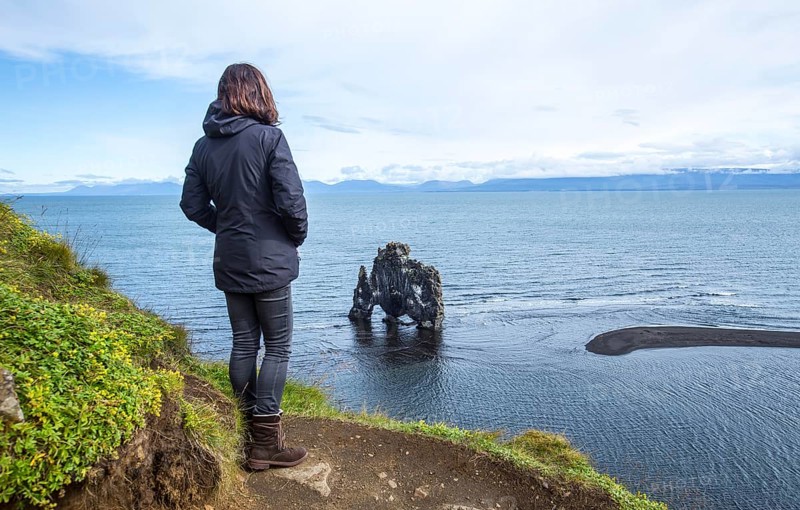A woman in stone dinosaur in the sea at Hvitserkur