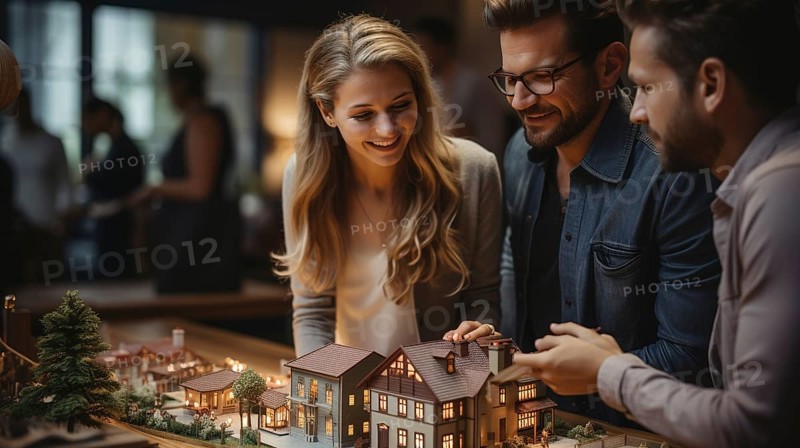 Real estate agent discussing with a young adult couple A new housing development model on the table in front of them. generative AI