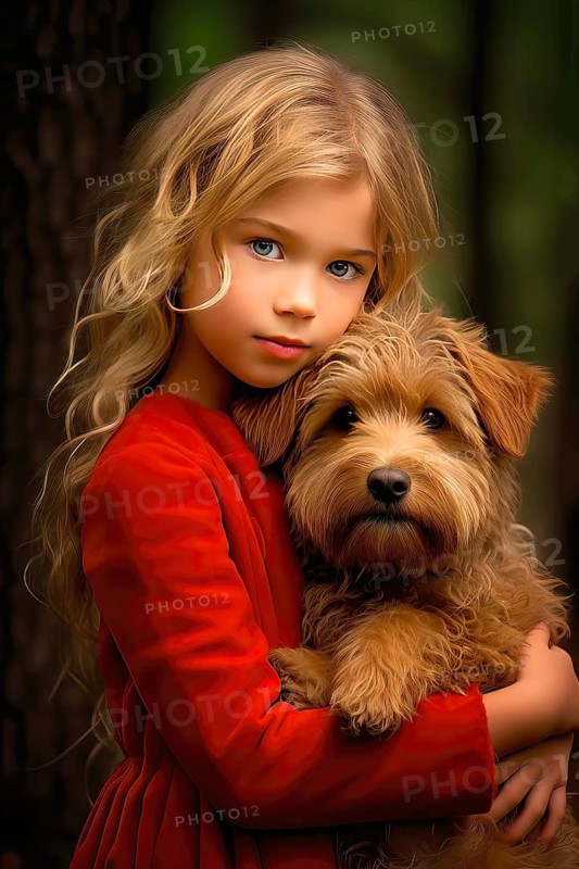 Pretty eight years old girl with long blond hair and red dress holding a Labradoodle in her arms