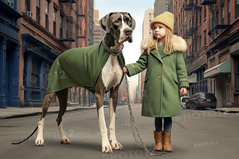 Three years old girl wearing green winter clothes leading on a leash a huge Great Dane in an urban environment