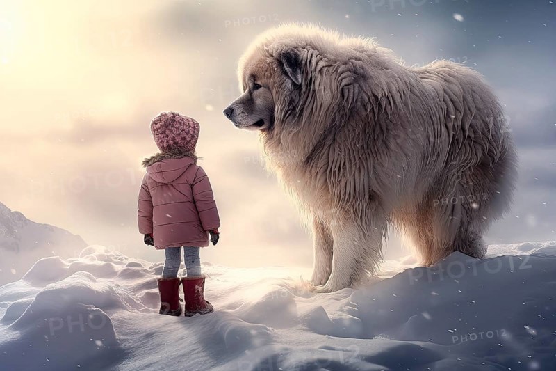 Three years old little girl wearing winter coat standing near a huge Serra da Estrela dog on a snowy mountain top
