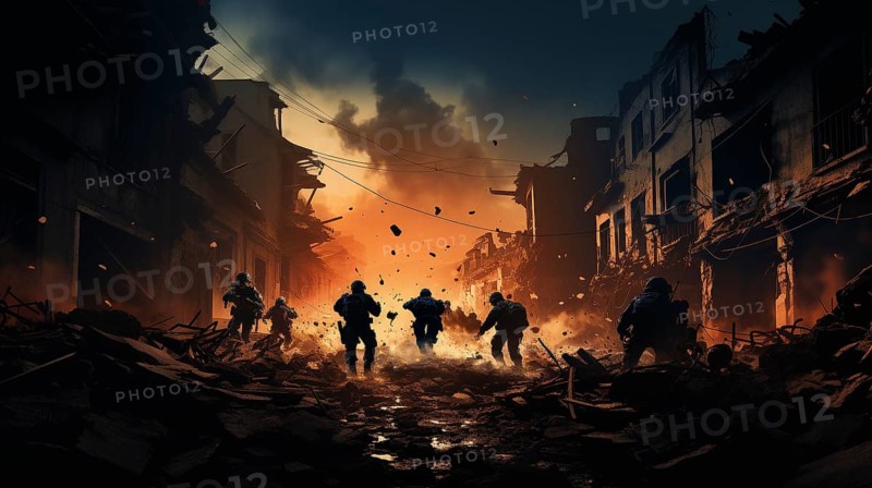 Soldiers with guns scrambling down the streets of a ravaged city amidst war. generative AI