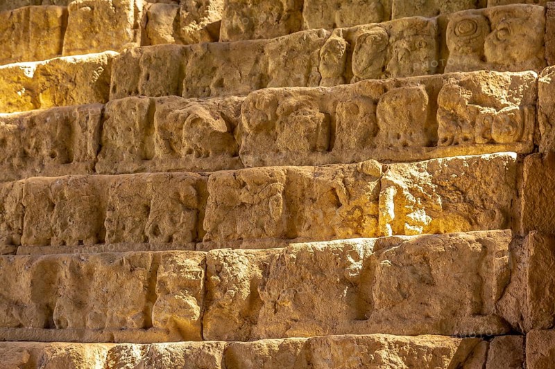 Detail of the stairs full of drawings of the temples of Copan Ruinas. Honduras
