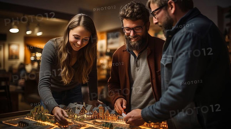 Real estate agent discussing with a young adult couple A new housing development model on the table in front of them. generative AI