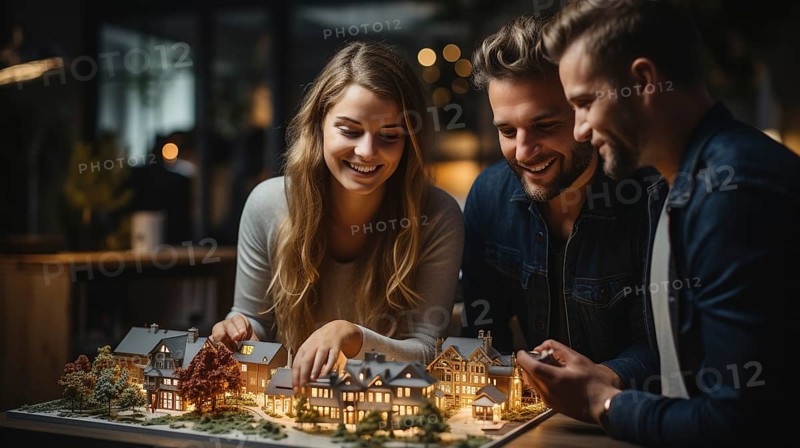 Real estate agent discussing with a young adult couple A new housing development model on the table in front of them. generative AI