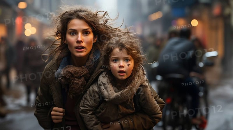 Frightened mother and young child daughter running in the streets of their war ravaged city. generative AI