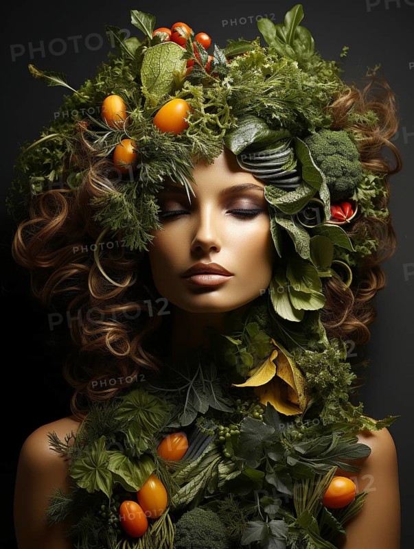Headshot portrait of healthy woman surrounded by and partially made of fruits and vegetables