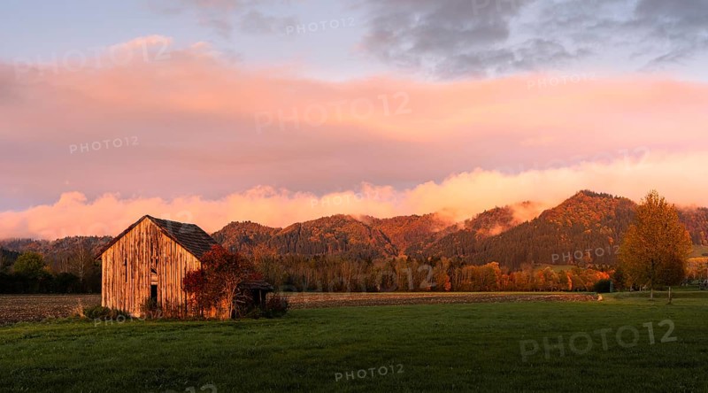 Landscape in the Allgaeu at sunset in autumn. View of the Adelegg mountain landscape