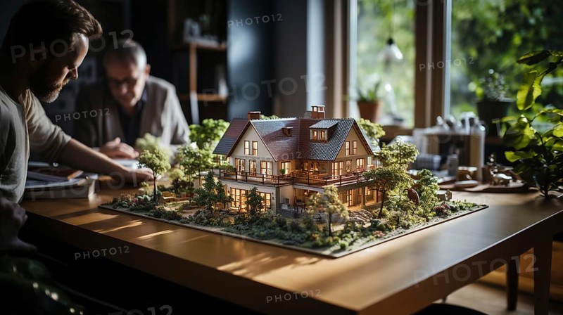 Small scale model of a contemporary house design on the table in A real estate office. generative AI