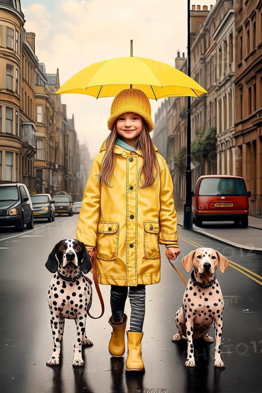 Eight years old girl wearing a yellow raincoat and hat walking in a street side by side with two Dalmatian dogs
