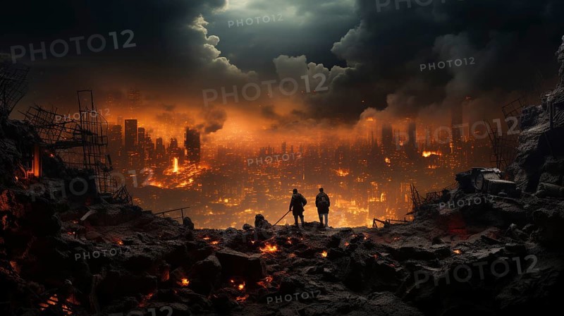 Soldiers surveying the landscape amidst explosions in a war torn city. generative AI