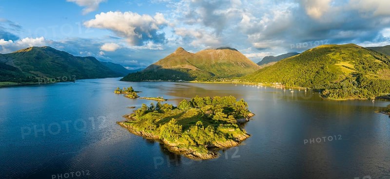 Aerial panorama of the western part of Loch Leven with the historic island of Eilean Munde