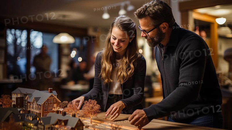 Young adult couple discussing A new housing development model on the table in front of them. generative AI